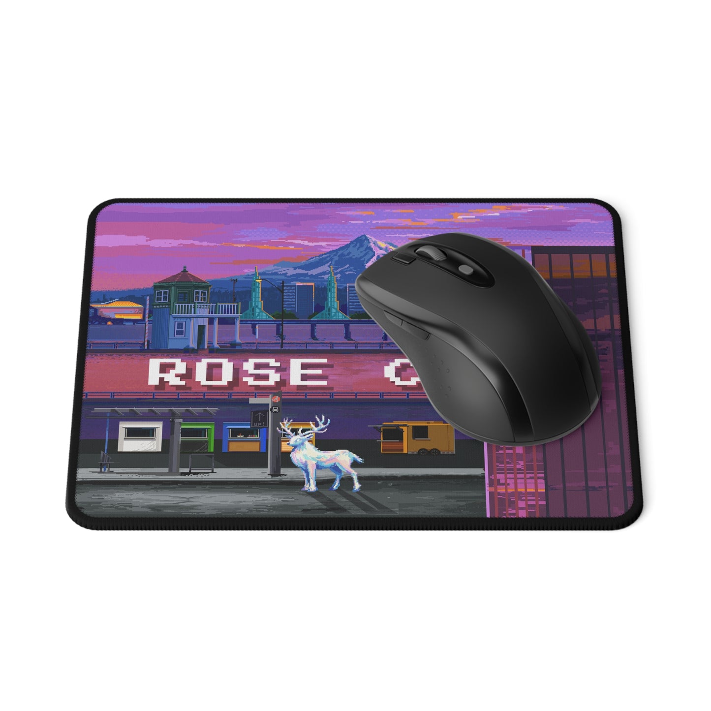Rose City Pixel Art Mouse Pad - Mount Hood, White Stag, SE Cityscape, Burnside