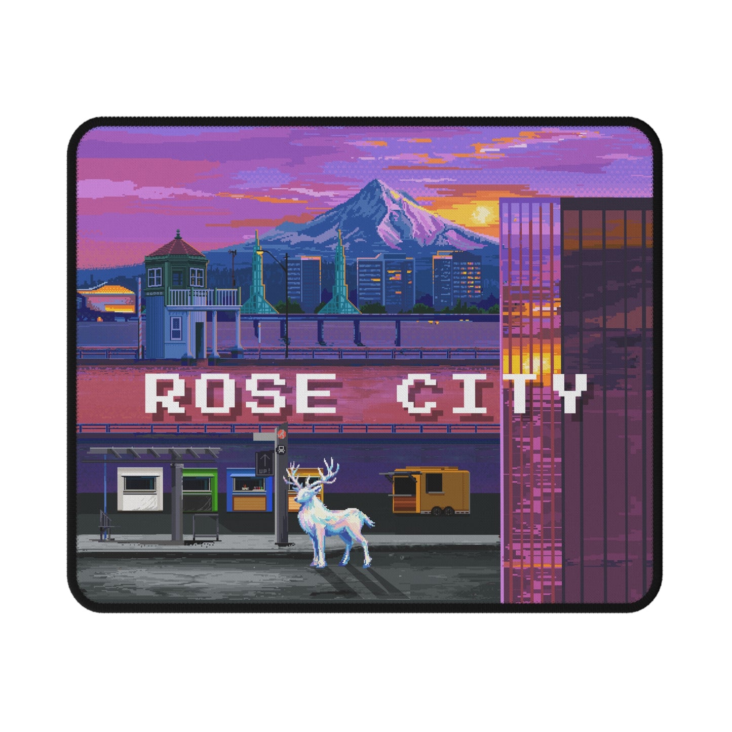 Rose City Pixel Art Mouse Pad - Mount Hood, White Stag, SE Cityscape, Burnside