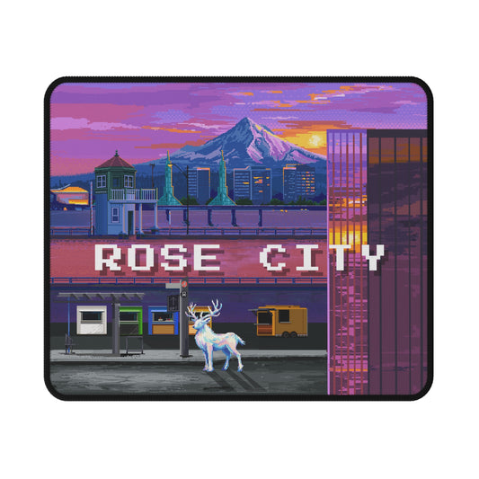 Rose City Pixel Art Mouse Pad - Mount Hood, White Stag, SE Cityscape, Burnside
